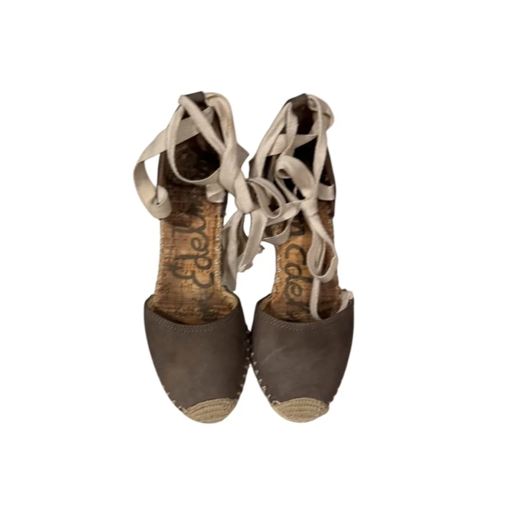 Sam Edelman Women’s Patsy Suede Taupe Wedge Lace Ankle Espadrilles Sz 7M​​​ - Picture 5 of 9